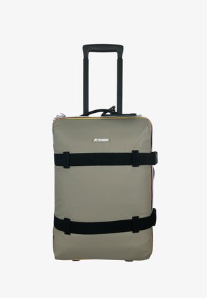 Valigia rettangolare grigia con ruote, con cinturini neri, manico telescopico e logo K-WAY sul pannello frontale.