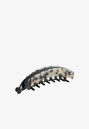 Gebogener schwarzer und beigefarbener Haarkrallenkamm aus Kunststoff mit Schildpattmuster und mehreren Zinken zum Halten der Haare.