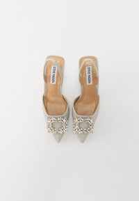 Sølvglitrende slingback-hæler med spisse tær, pyntet med en juvelert spenne. Glatt beige såle og stroppdetalj.