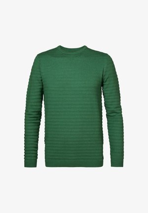 Groene, getextureerde trui met een horizontaal ribbelpatroon, ronde halslijn en lange mouwen. De stof lijkt zacht en lichtgewicht. Geen zichtbare hardware.