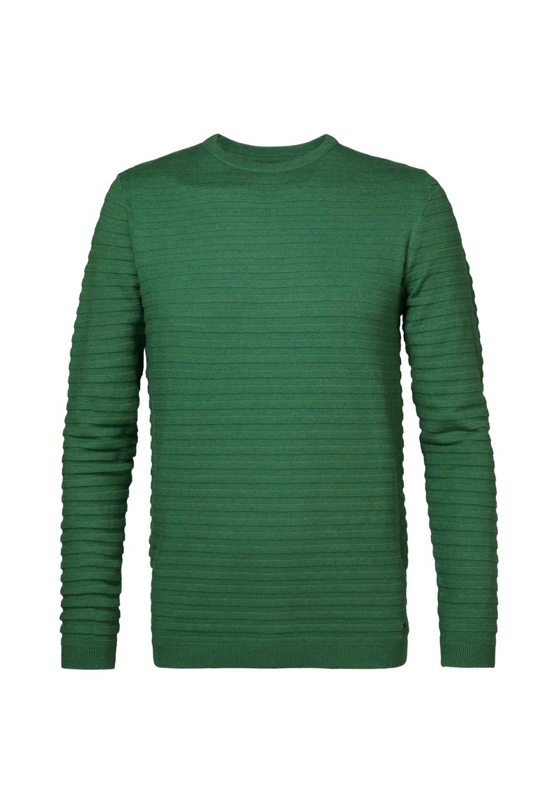 Maglione verde con texture e design a coste orizzontali, colletto a girocollo e maniche lunghe. Il tessuto sembra morbido e leggero. Nessun hardware visibile.