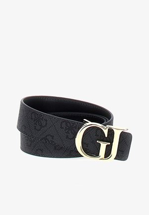 Cintura in pelle nera con finitura testurizzata, fibbia dorata GJ e design sottile, che mette in risalto una lavorazione elegante e uno stile moderno.