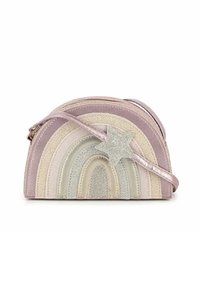 Borsa a tracolla multicolore con un design a arcobaleno, caratterizzata da tessuti alternati lisci e glitterati. Include un accento di stella glitterata.