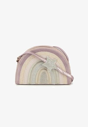Borsa a tracolla multicolore con un design a arcobaleno, caratterizzata da tessuti alternati lisci e glitterati. Include un accento di stella glitterata.