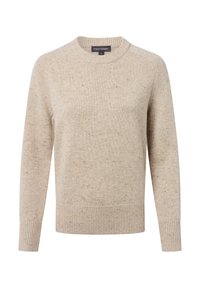 Beżowy sweter z okrągłym dekoltem wykonany z fakturowanej tkaniny z kolorowymi peletkami, z prążkowanym dolnym wykończeniem i mankietami oraz raglanowymi rękawami dla luźnego kroju.