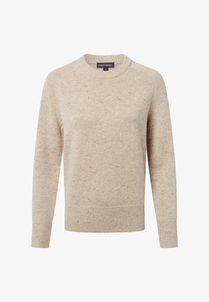 Pull en beige à col rond fabriqué en tissu texturé avec des éclats de couleur, présentant des ourlets et des poignets côtelés, ainsi que des manches raglan pour un ajustement décontracté.