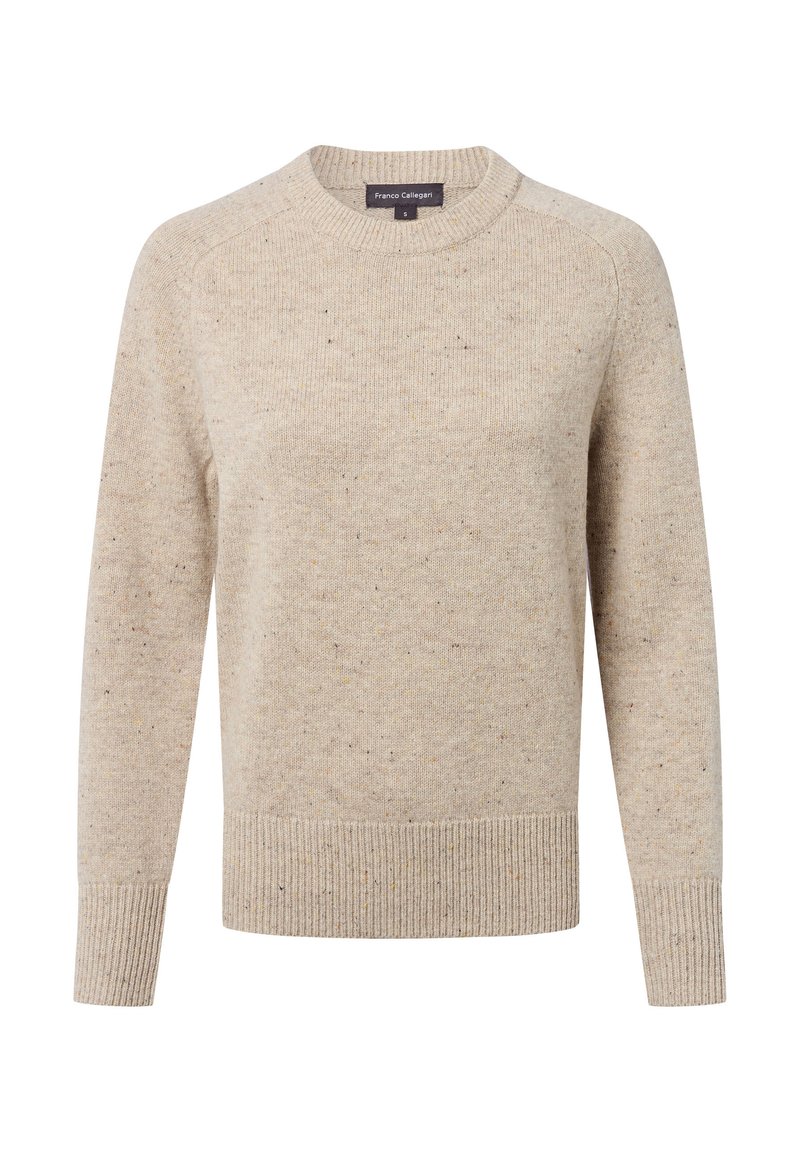 Beżowy sweter z okrągłym dekoltem wykonany z fakturowanej tkaniny z kolorowymi peletkami, z prążkowanym dolnym wykończeniem i mankietami oraz raglanowymi rękawami dla luźnego kroju.