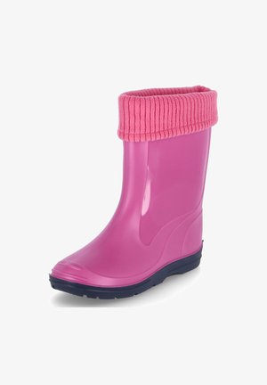 Roze rubberen regenlaars met een ribbelige fleece manchet, een gladde glanzende oppervlakte, een ronde neus en een gestructureerde marineblauwe zool voor grip.