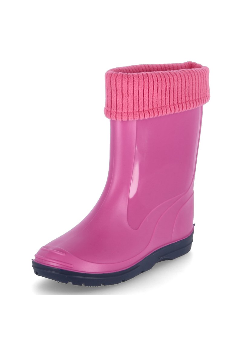 Roze rubberen regenlaars met een ribbelige fleece manchet, een gladde glanzende oppervlakte, een ronde neus en een gestructureerde marineblauwe zool voor grip.