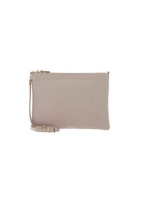 Borsa a pochette in pelle di colore rosa chiaro con superficie texture, zip superiore e tracolla removibile. Presenta un discreto marchio in tono oro.