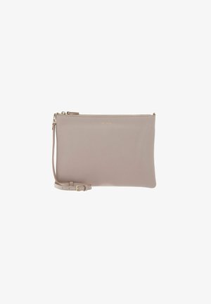 Borsa a pochette in pelle di colore rosa chiaro con superficie texture, zip superiore e tracolla removibile. Presenta un discreto marchio in tono oro.