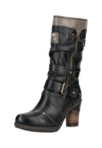 Schwarze Lederstiefelette bis zur Mitte der Wade mit Holzblockabsatz, seitlichem Reißverschluss, zwei verstellbaren Riemen mit Schnallen und einem Hahnentrittmuster auf dem oberen Rand.