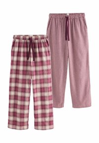 Två par avslappnade pyjamabyxor med elasticerade midjor och dragsnören; en med stort rosa och vitt rutmönster, den andra med litet rosa rutmönster.