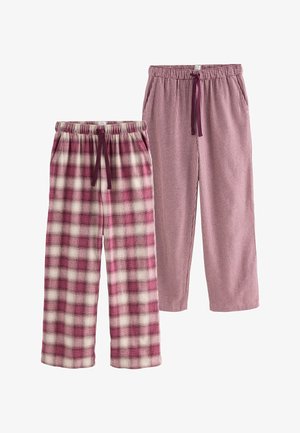 Två par avslappnade pyjamabyxor med elasticerade midjor och dragsnören; en med stort rosa och vitt rutmönster, den andra med litet rosa rutmönster.