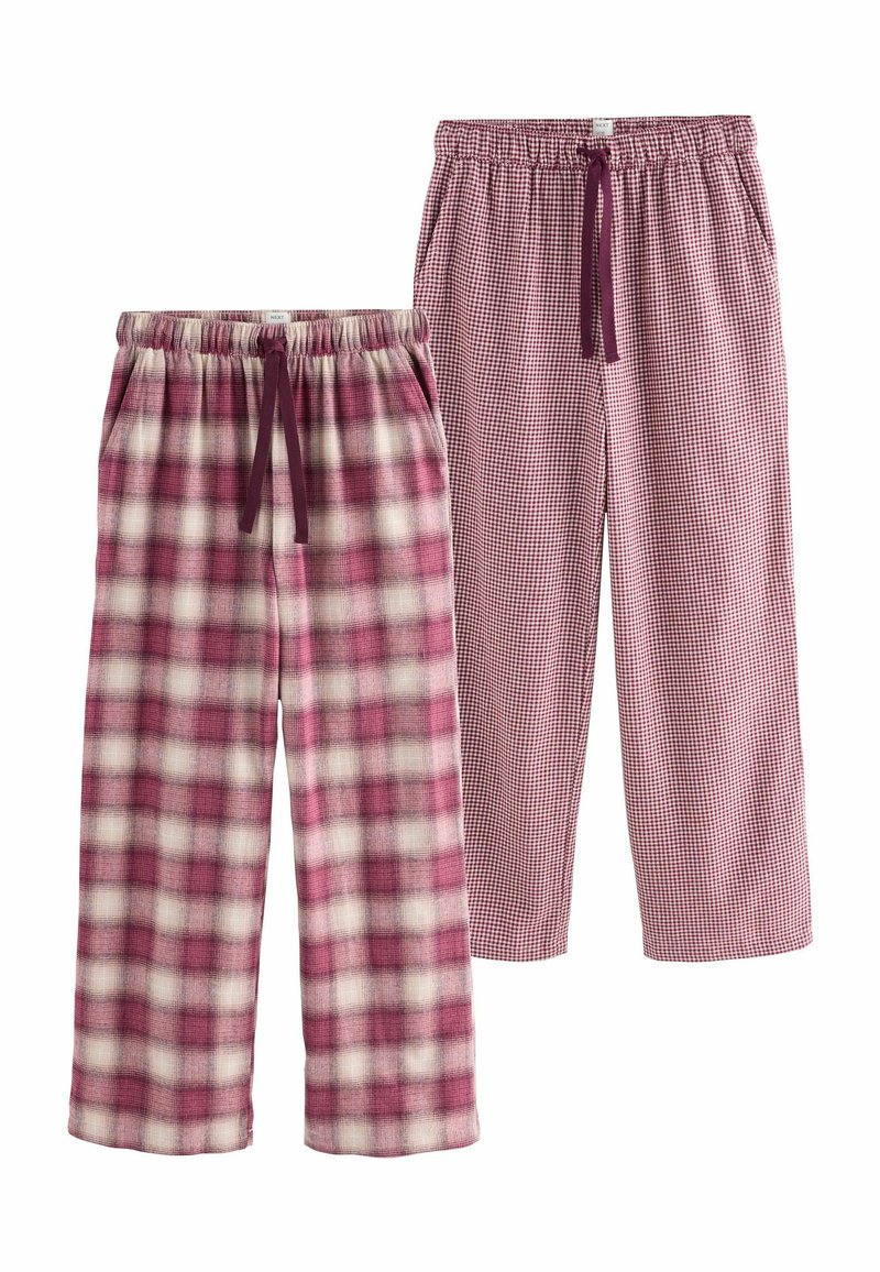 Två par avslappnade pyjamabyxor med elasticerade midjor och dragsnören; en med stort rosa och vitt rutmönster, den andra med litet rosa rutmönster.