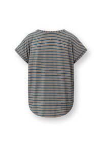Striped short-sleeve shirt in blue, brown, and white. Soft fabric with a rounded hem and subtle logo detail on the back.