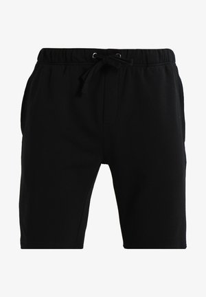 Czarne bawełniane szorty z elastycznym paskiem w talii ze sznurkiem, bocznymi kieszeniami i dopasowanym krojem. Gładka struktura i długość do kolan.