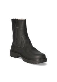 Schwarze Leder-Stiefeletten mit strukturierter Oberfläche, seitlichem Reißverschluss und robuster Gummisohle. Mit Steppnähten auf der Oberseite.