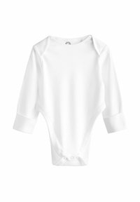 Combinaison à manches longues blanche en coton doux, avec un col rond, des boutons-pression aux épaules et une fermeture à boutons-pression au bas pour un habillage facile.