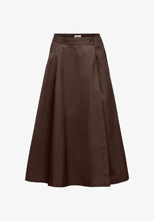 Brauner A-Linien-Midirock mit hoher Taille, elastischem Rückenteil, seitlicher Knopfleiste und Wickeldetail an der Vorderseite.