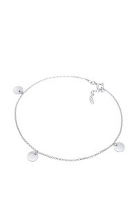 Pulsera de cadena de plata con tres discos redondos, cierre de resorte y longitud ajustable, que presenta un acabado liso y pulido.
