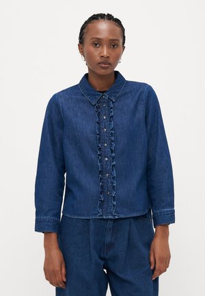 Denim-Hemd mit Knopfleiste und Kragen, gerafftem Frontblenden, dunkelblau, langen Ärmeln und lässiger Passform.