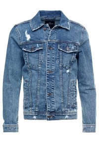 Jeansjacka i medelblå färg, med klassisk skärning, knäppning fram, två bröstfickor och slitna detaljer på tyget.