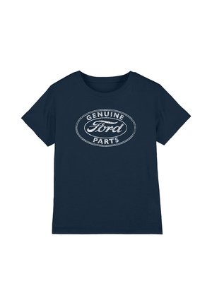 Navy blue short-sleeve T-shirt with white oval logo reading "Genuine Ford Parts" in distressed font on the front center.