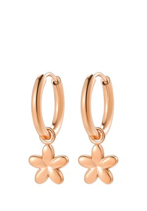 Rose gold hoop earrings with small five-petal flower charms hanging from each hoop, smooth and polished finish.