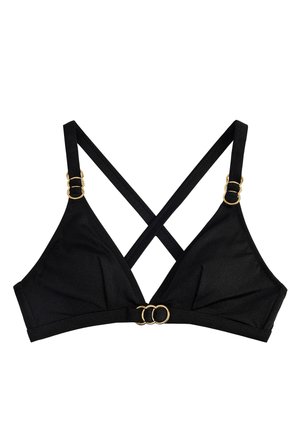 Bralette a triangolo nero con spalline incrociate e anelli dorati sulle spalline e sulla fascia frontale centrale.
