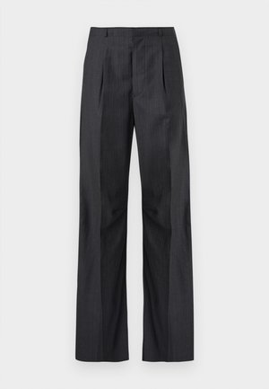 Dark gray pinstripe high-waist tailored trousers with wide legs and belt loops, displayed against a plain white background.