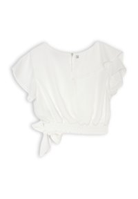 Blusa bianca con maniche corte a volant e vita aderente. Presenta una zip sul retro e un dettaglio a fiocco in vita. Tessuto dalla consistenza liscia.