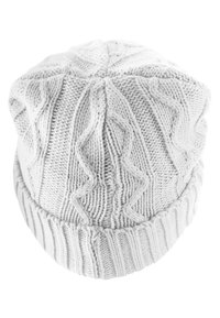 White knitted beanie with a textured pattern, featuring cable knit designs on top and a ribbed cuff at the bottom.