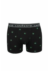 Czarne bawełniane slipy typu boxer z wzorem małych zielonych pająków. W pasie znajduje się logo "LANCERTO" w białym kolorze.