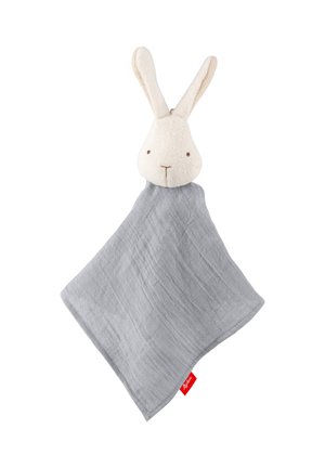 Soft beige bunny head attached to a gray muslin baby comfort blanket with a red brand tag.
