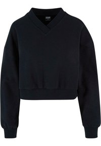 Felpa nera corta con scollo a V, maniche lunghe e polsini a coste. Realizzata in tessuto morbido con un design semplice e senza motivi visibili.
