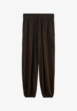 Pantaloni casual de culoare maro închis cu talie elastică și șnur, picioare conice care se termină cu manșete elastice.