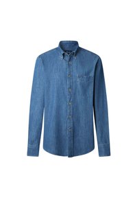 Denim overhemden met lange mouwen, donkerblauwe kleur, één borstzak en gouden knopen op de kraag en de sluiting.