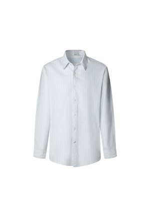Camicia button-up azzurro chiaro con colletto, maniche lunghe e sottili righe verticali. Realizzata in un tessuto liscio e leggero.