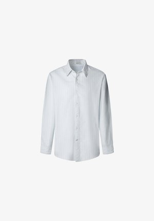 Camicia button-up azzurro chiaro con colletto, maniche lunghe e sottili righe verticali. Realizzata in un tessuto liscio e leggero.