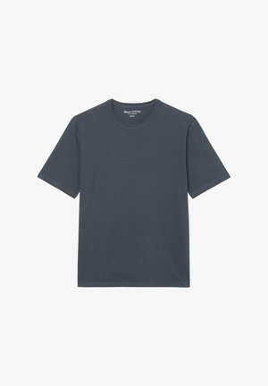 T-shirt en coton gris foncé avec un col rond, des manches courtes et un ourlet droit. Présente un design minimaliste sans motifs ni accents.