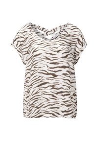 Top a maniche corte in stampa zebraper bianca e marrone, presenta un scollo a V e un design incrociato sul retro, realizzato in tessuto morbido e leggero.