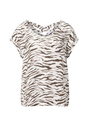 Kurzärmliges Oberteil in Weiß und Braun mit Zebra-Print, mit V-Ausschnitt und gekreuztem Rückendesign, aus weichem, leichtem Stoff.