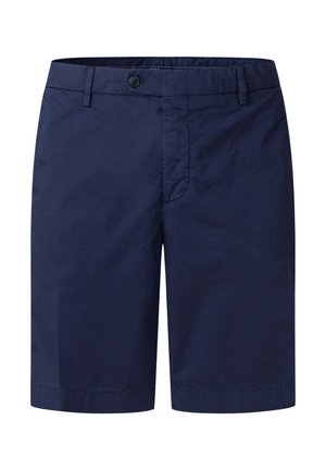 Muške tamnoplave prilagođene kratke hlače s kopčanjem na gumbe i patentni zatvarač, s petljama za remen i ravnim rubom.