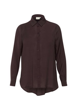 Dark purple long-sleeve shirt with a button-up front, soft texture, and a collared neckline. Rounded hem and buttons in matching color.