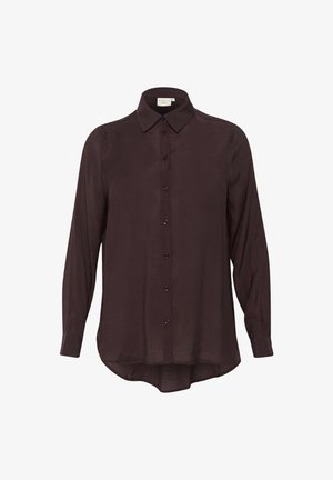 Dark purple long-sleeve shirt with a button-up front, soft texture, and a collared neckline. Rounded hem and buttons in matching color.