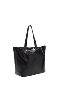 Borsa a tracolla in pelle nera con superficie liscia, due manici robusti e cuciture visibili. Dotata di clip metalliche nella parte superiore per la chiusura.