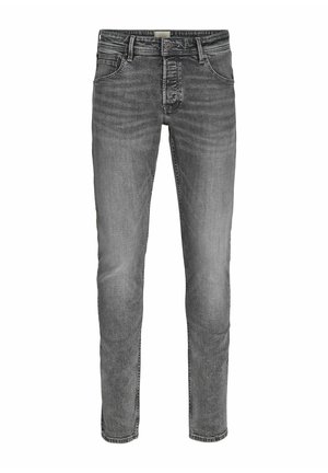 Jeans in denim grigio con una vestibilità slim, dotati di cinque tasche, chiusura con zip e leggere sfumature per un effetto texture. Fondo gamba su misura.