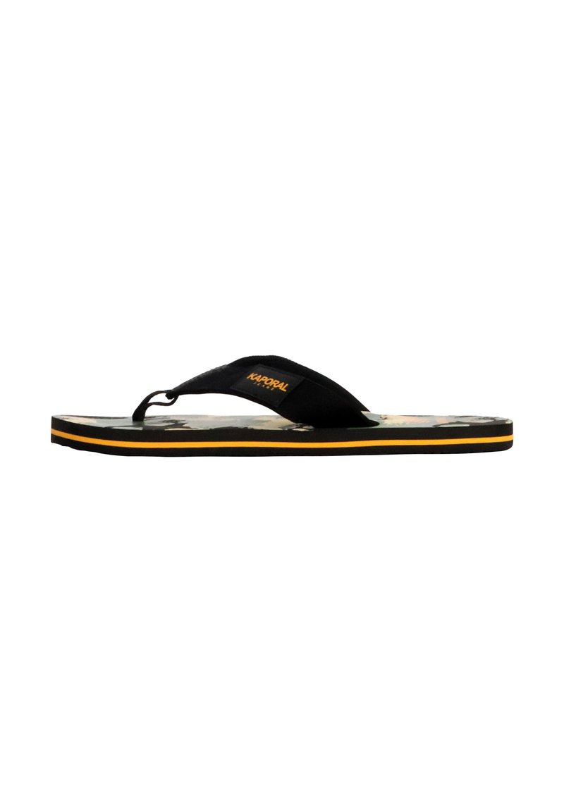 Infradito neri con una fascia in tessuto e una soletta stampata. Presenta una striscia di accentuazione gialla lungo la suola. Design leggero e flessibile.