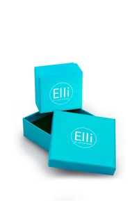 Turkis gaveæske med låg, der har et hvidt logo "Elli by Julie & Grace." Indeholder et indre rum med grøn foring.